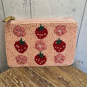 Beaded Coin Purse Wallet Pink Red Strawberry Pouch Womens Bag New FAST SHIP